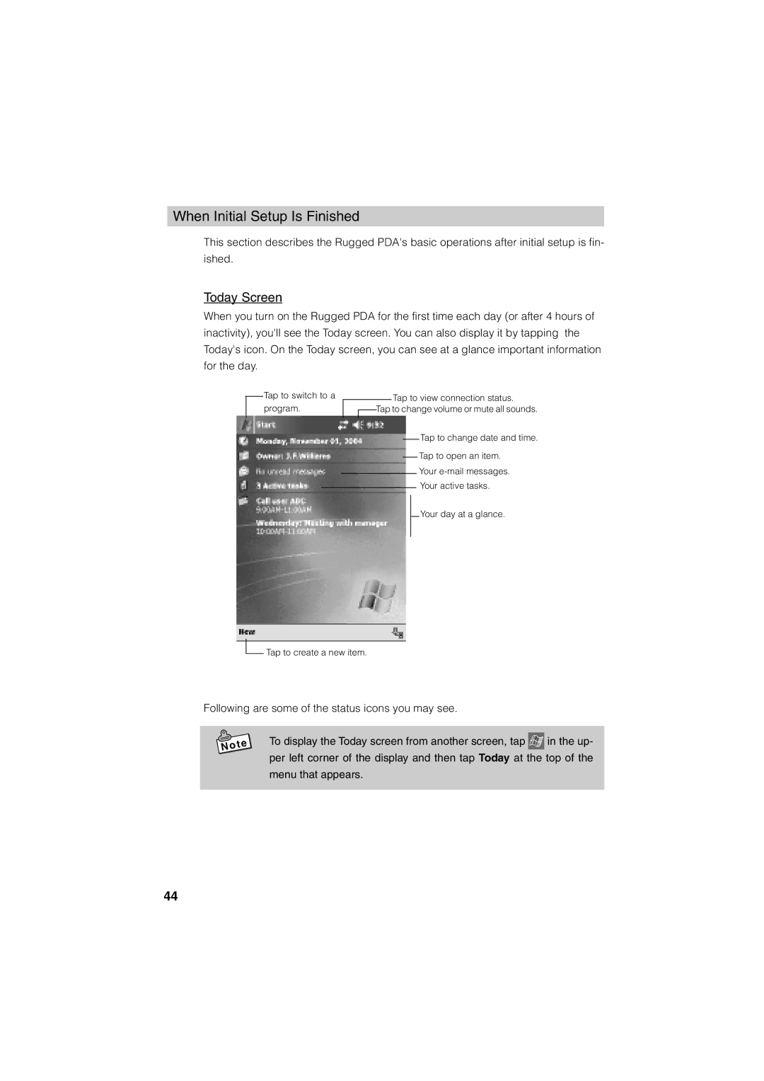 Casio Stylus manual When Initial Setup Is Finished, Today Screen 