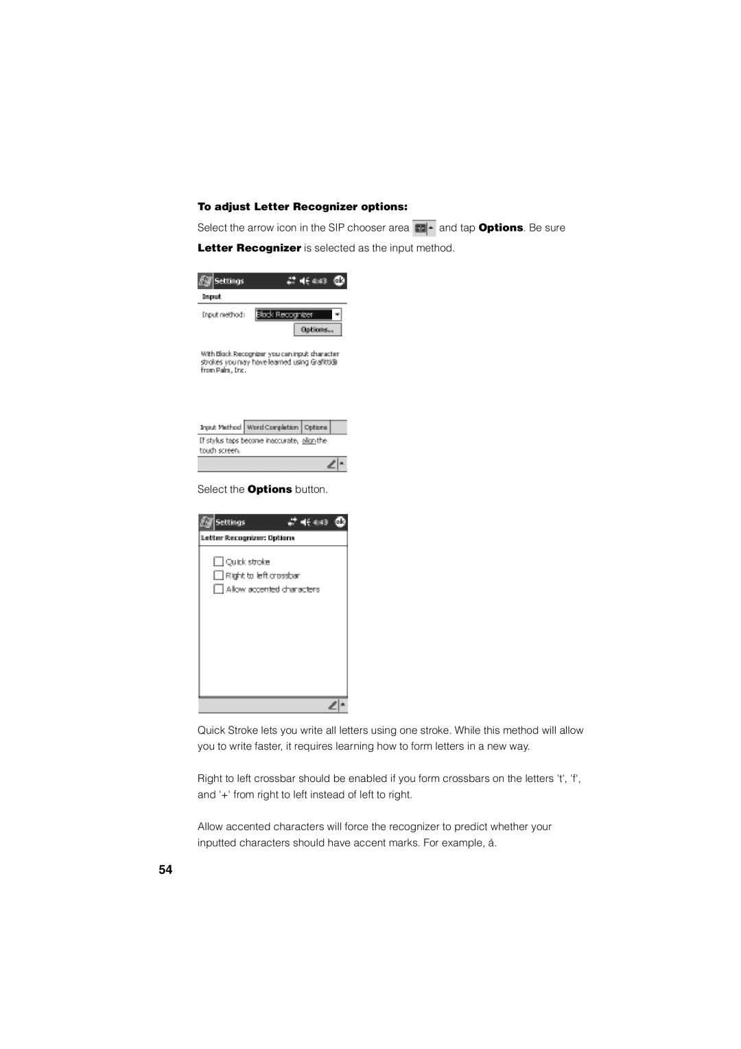 Casio Stylus manual To adjust Letter Recognizer options 