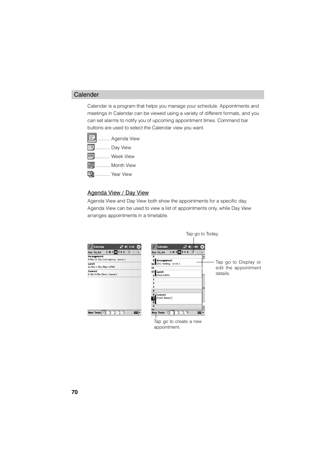 Casio Stylus manual Calender, Agenda View / Day View 