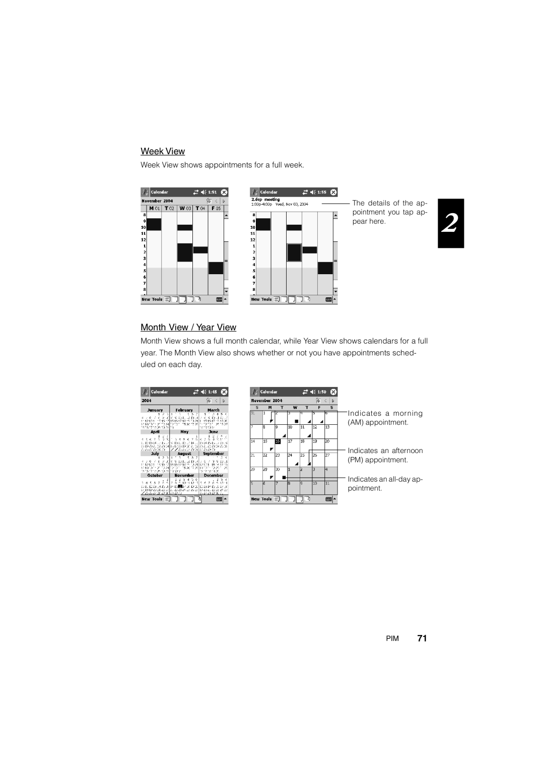 Casio Stylus manual Week View, Month View / Year View 