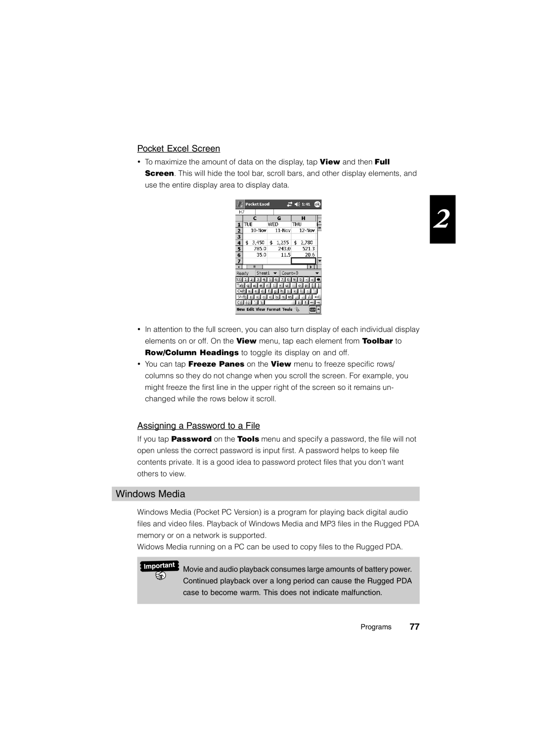 Casio Stylus manual Windows Media, Pocket Excel Screen, Assigning a Password to a File 