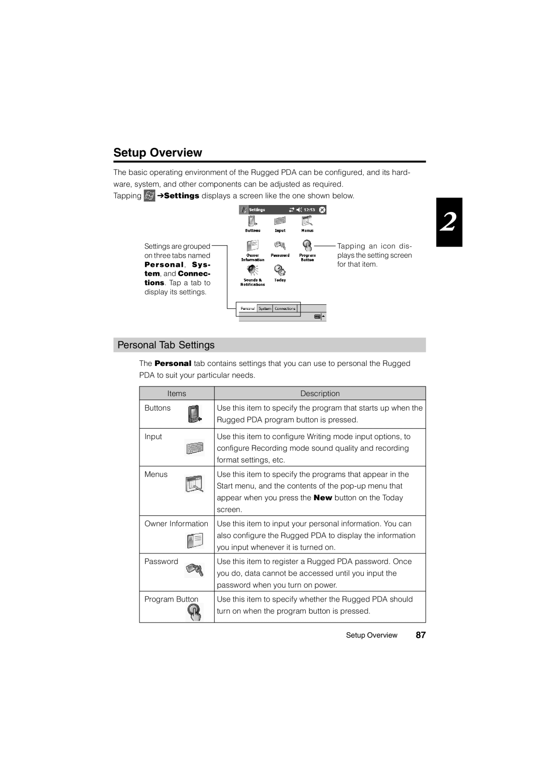 Casio Stylus manual Setup Overview, Personal Tab Settings, Personal, Sys- tem, and Connec 