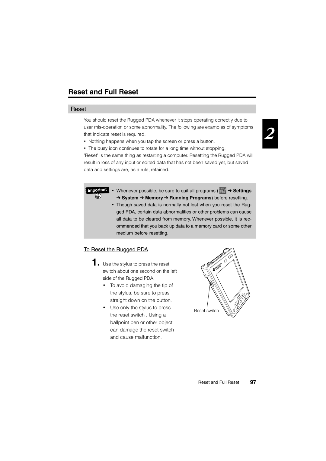 Casio Stylus manual Reset and Full Reset, To Reset the Rugged PDA 