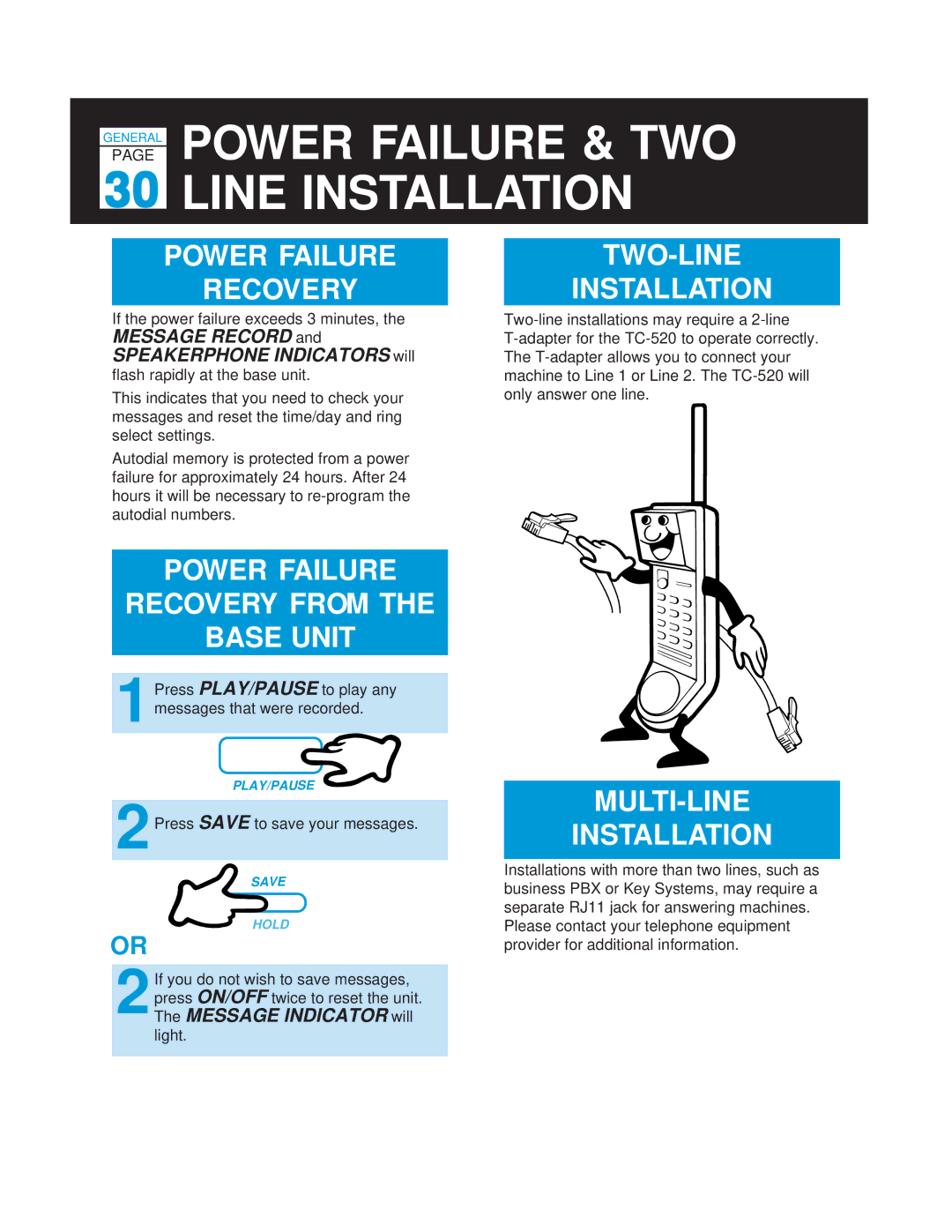 Casio TC-520 Power Failure & TWO Line Installation, Power Failure TWO-LINE Recovery, Power Failure Recovery from Base Unit 