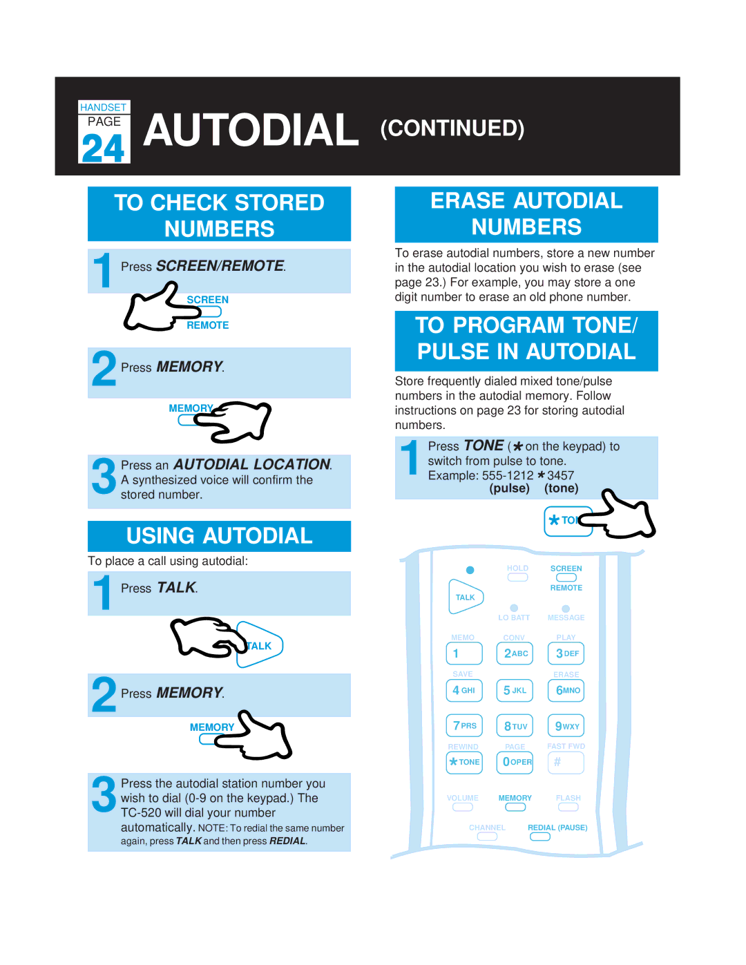 Casio TC-520 Autodial To Check Stored Numbers, Using Autodial, Erase Autodial Numbers, To Program TONE/ Pulse in Autodial 