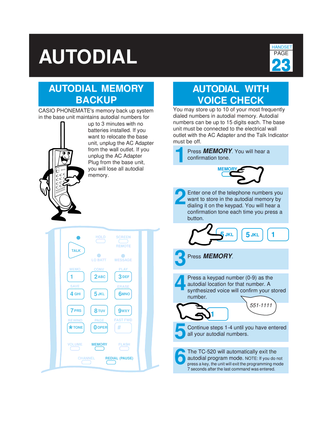 Casio TC-520 manual Autodial Memory Backup, Autodial with Voice Check, 551-1111 