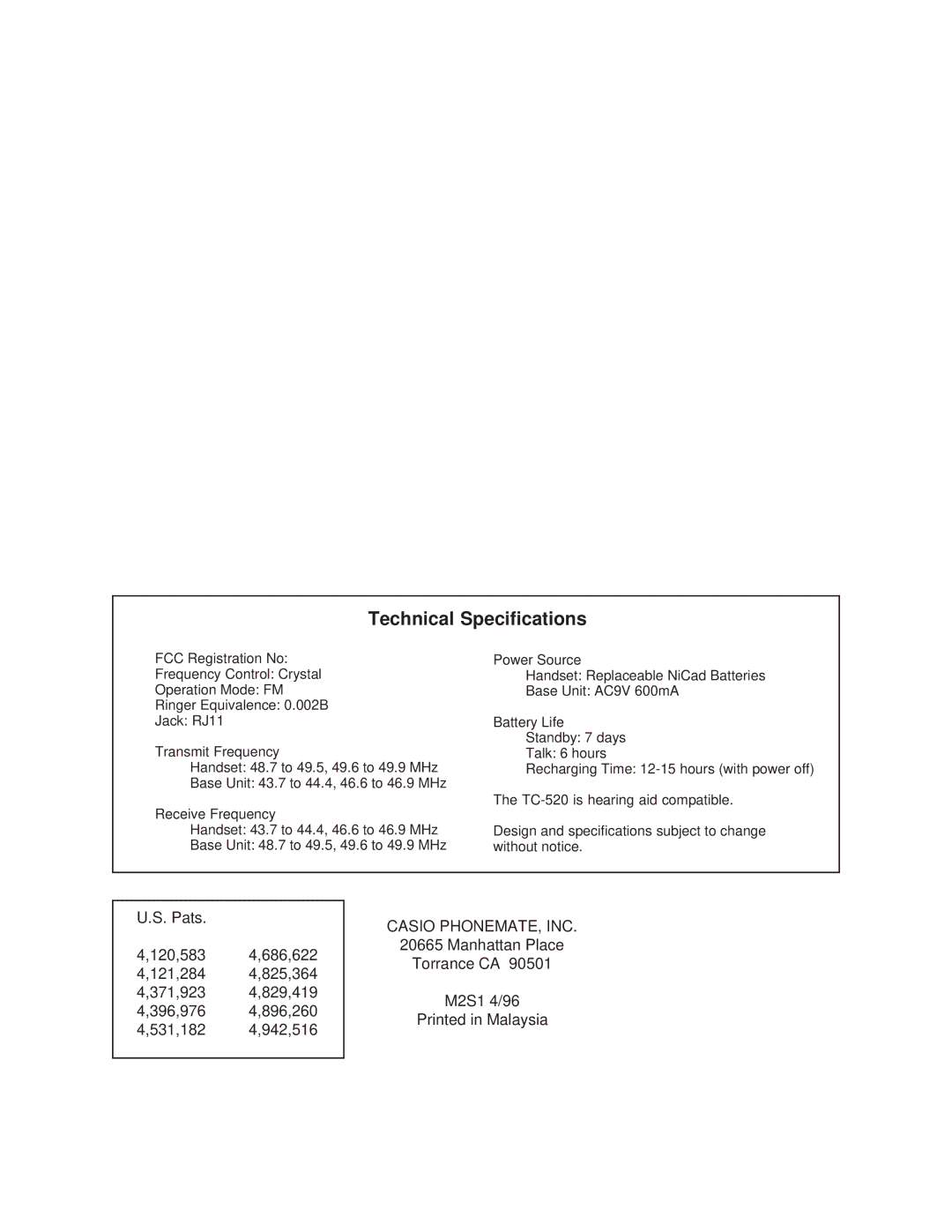 Casio TC-520 manual Technical Specifications 