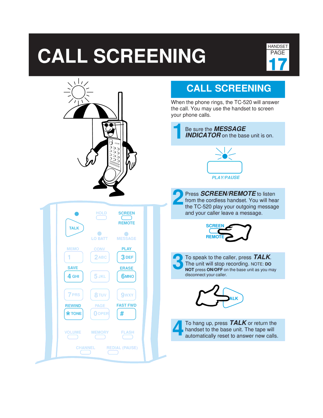 Casio TC-520 manual Call Screening 