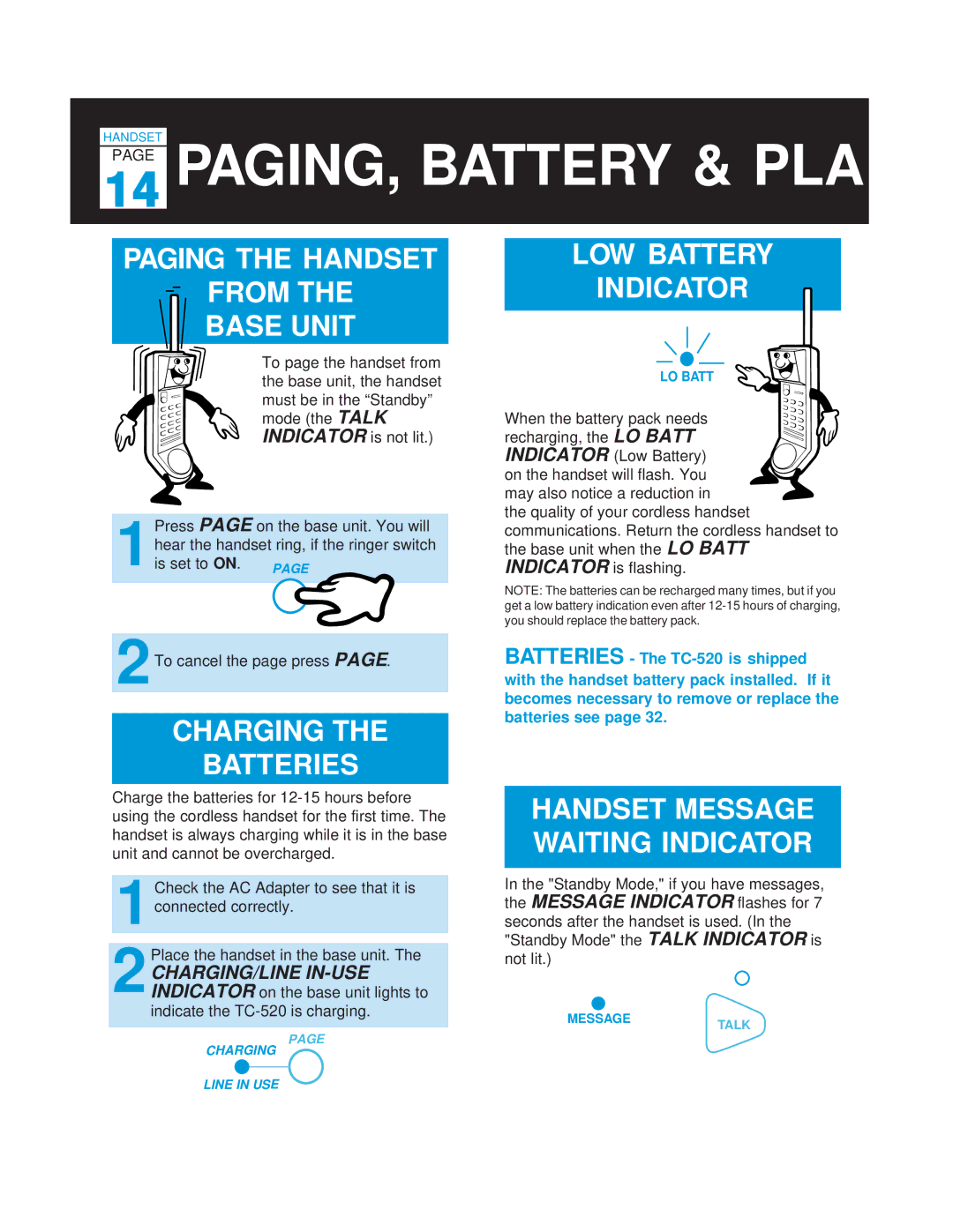 Casio TC-520 manual PAGING, Battery & PLA, Paging the Handset From Base Unit, Charging Batteries, LOW Battery Indicator 