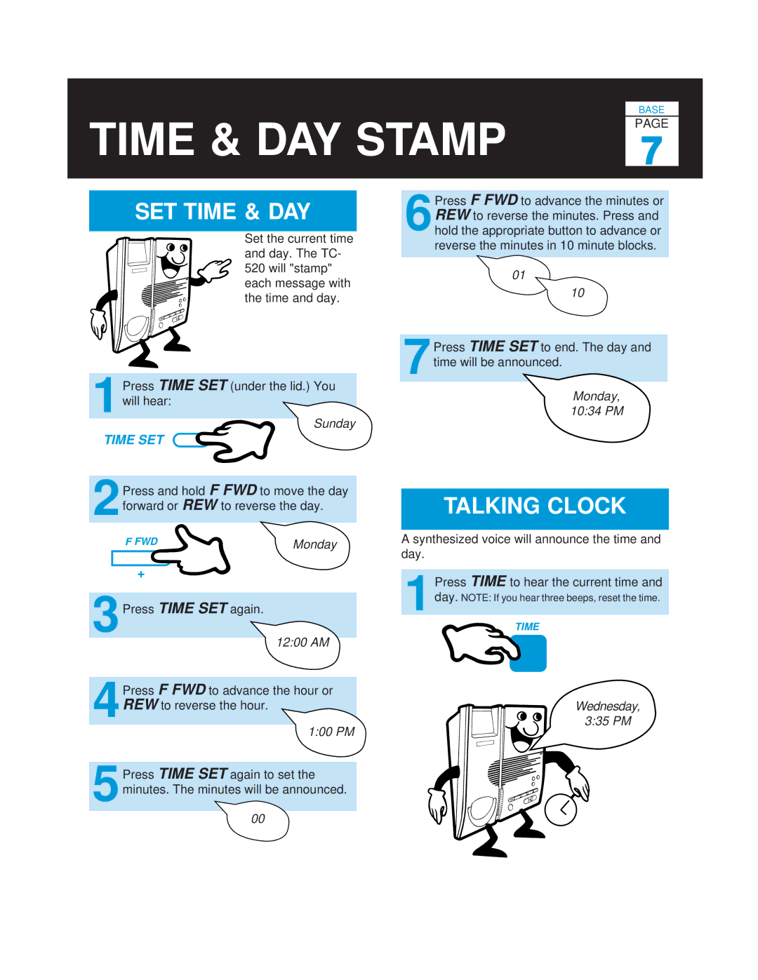 Casio TC-520 manual Time & DAY Stamp, SET Time & DAY, Talking Clock 