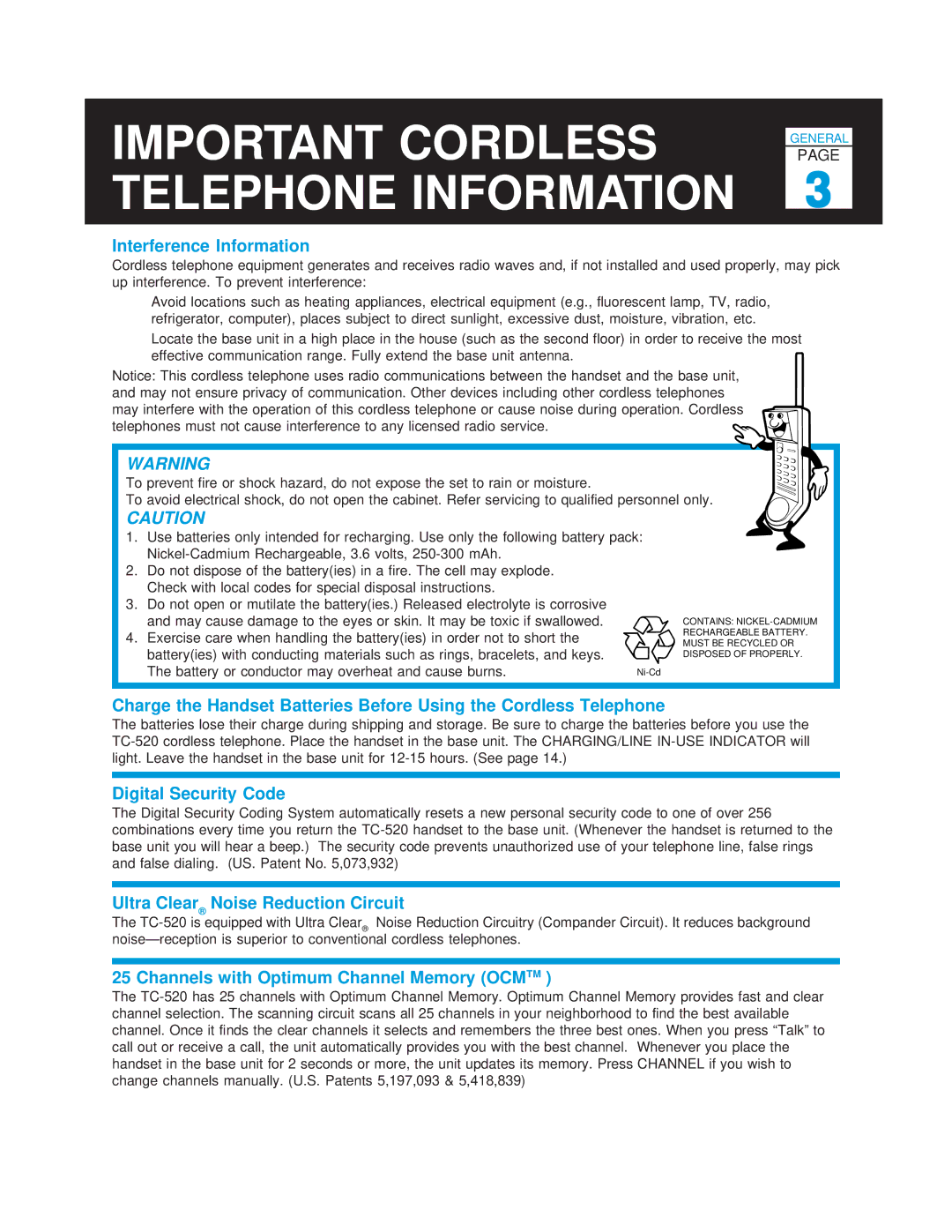 Casio TC-520 manual Important Cordless Telephone Information, Interference Information 