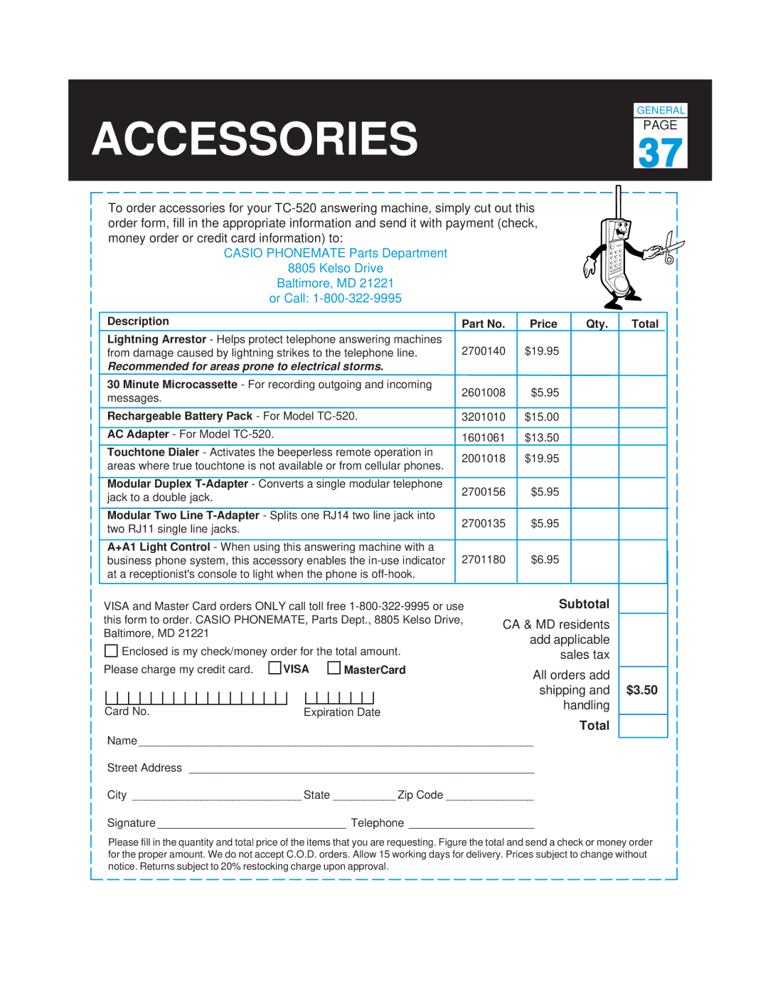 Casio TC-520 manual Accessories, Description Price Qty Total 