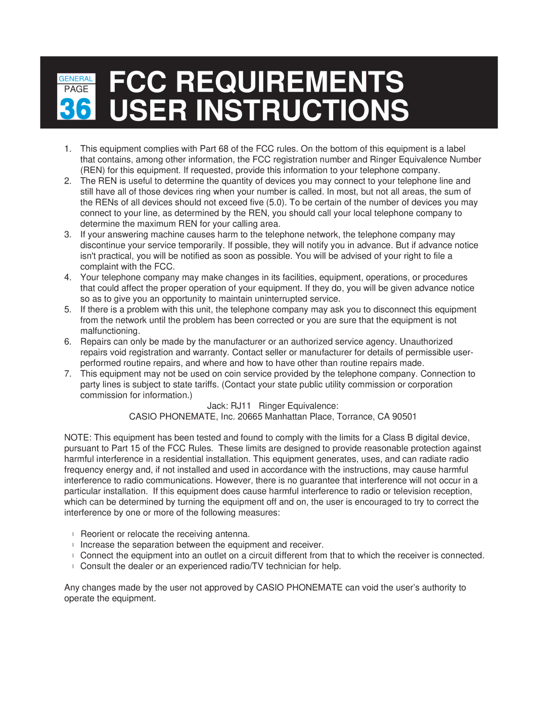 Casio TC-520 manual FCC Requirements User Instructions 