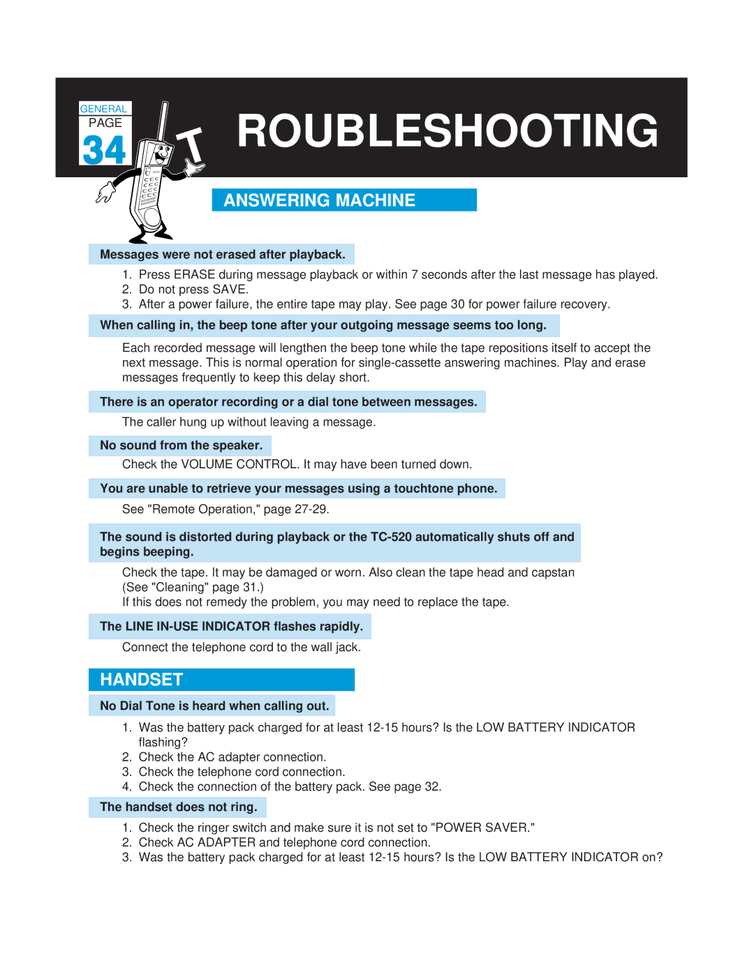 Casio TC-520 manual Roubleshooting, Answering Machine 