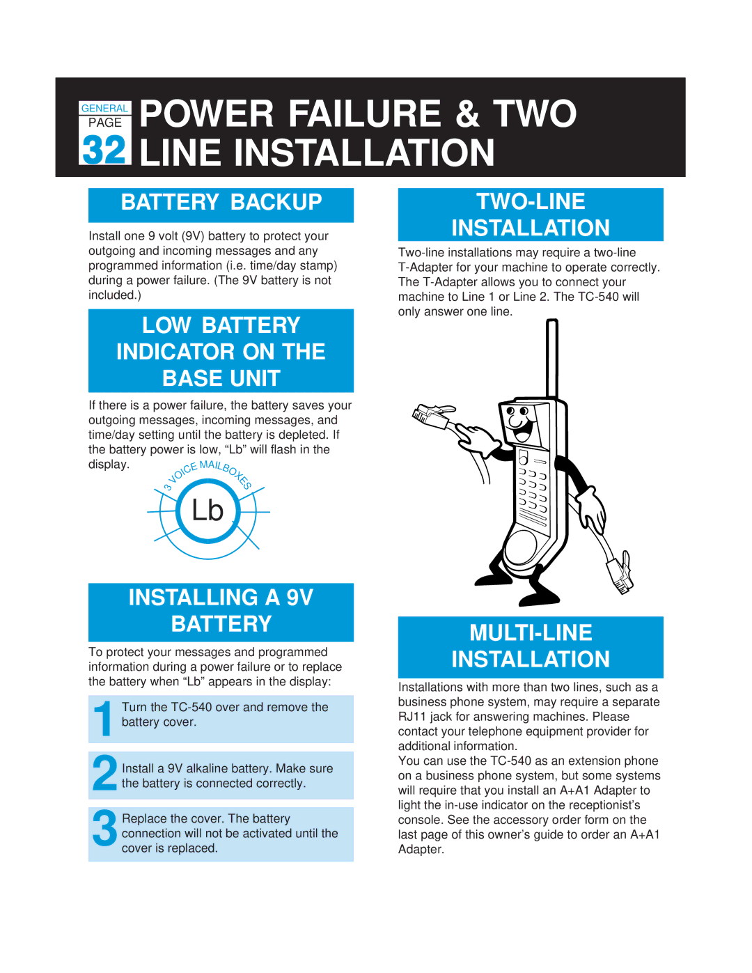 Casio TC-540 manual Battery Backup, LOW Battery Indicator on Base Unit, Installing a Battery, TWO-LINE Installation 