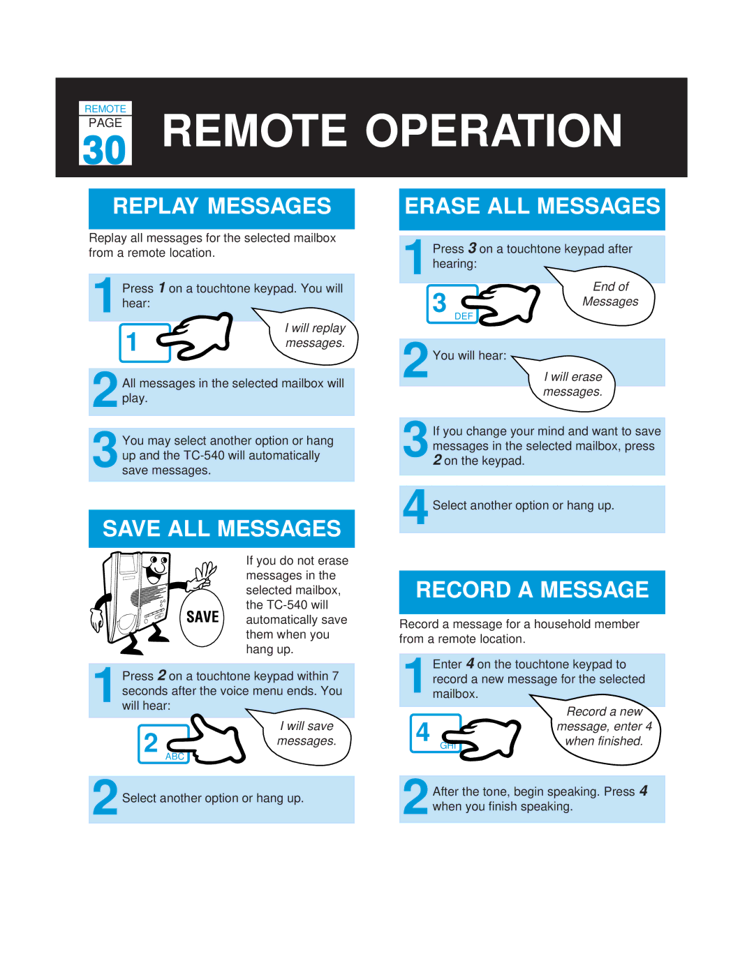 Casio TC-540 manual Remote Operation, Replay Messages, Save ALL Messages, Erase ALL Messages, Record a Message 