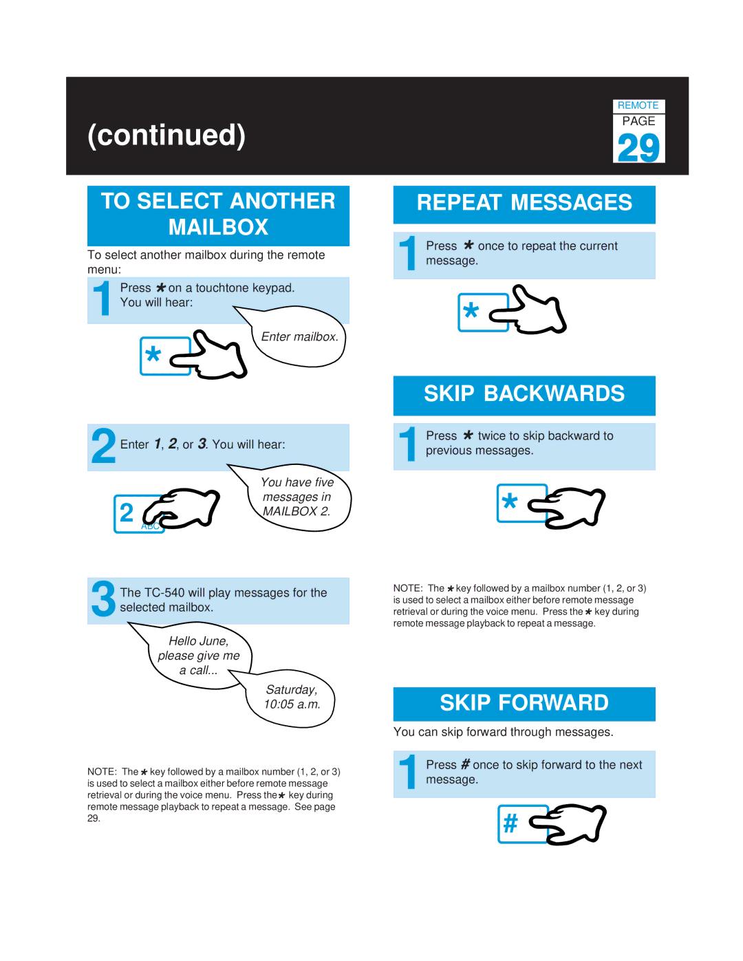 Casio TC-540 manual To Select Another Mailbox, Repeat Messages, Skip Backwards, Skip Forward 