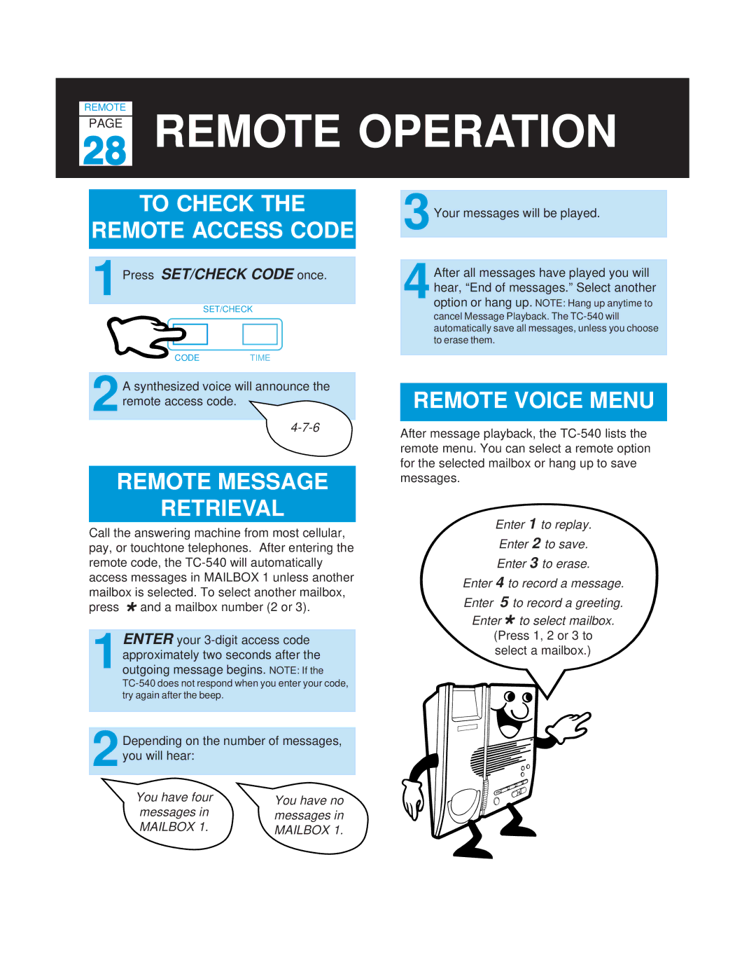 Casio TC-540 manual To Check Remote Access Code, Remote Message Retrieval, Remote Voice Menu, 1Press SET/CHECK Code once 