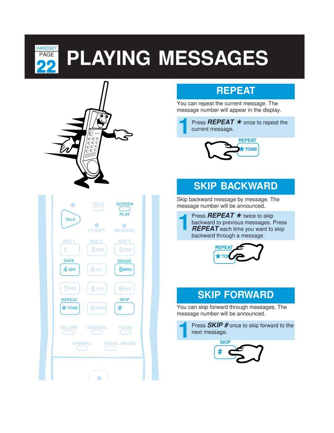 Casio TC-540 manual Playing Messages, Repeat, Skip Backward 