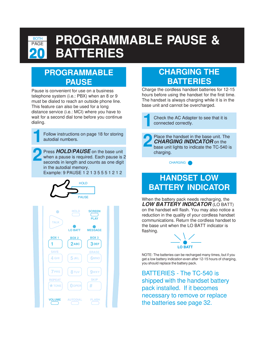 Casio TC-540 manual Programmable Charging, Handset LOW Battery Indicator 