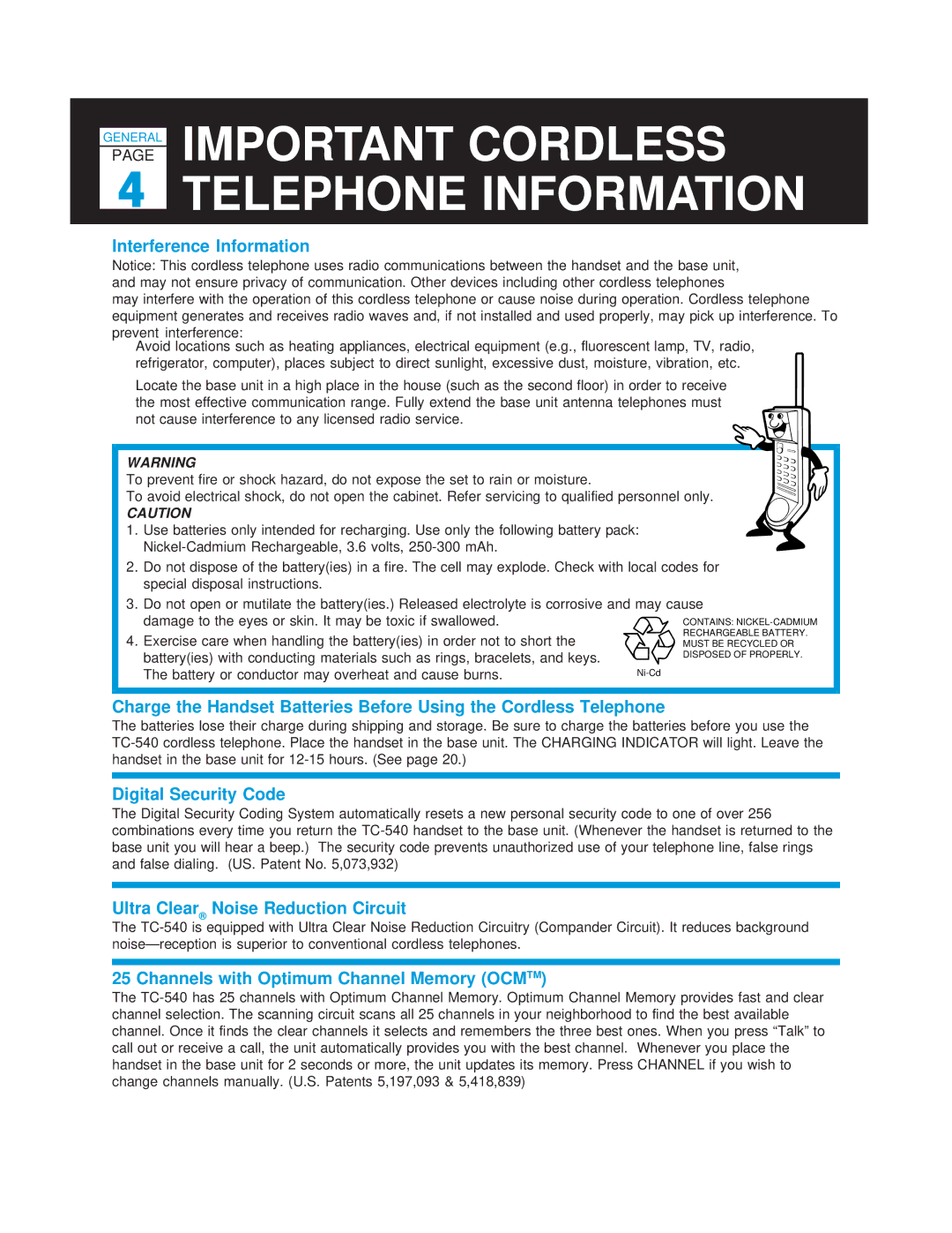 Casio TC-540 manual Important Cordless Telephone Information 