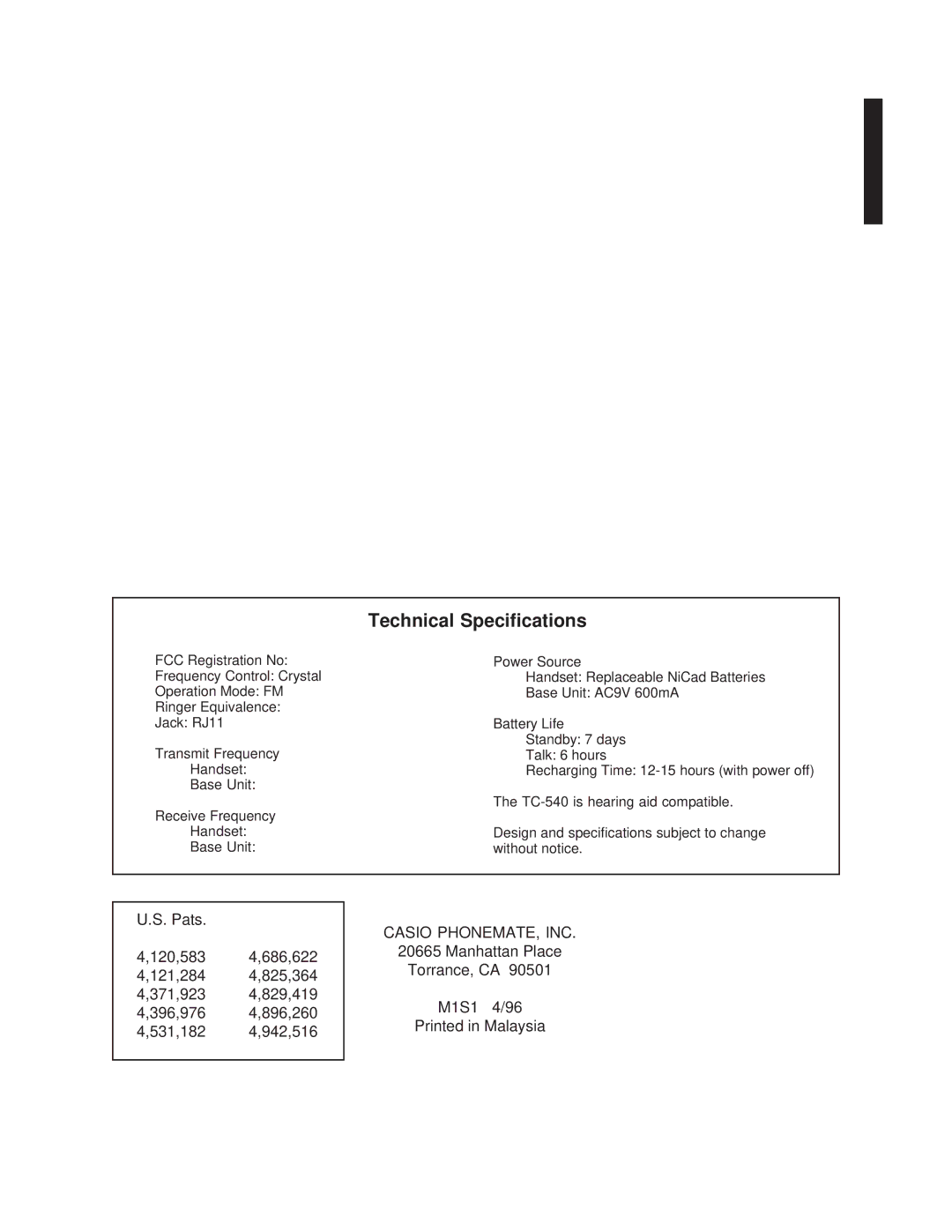 Casio TC-540 manual Technical Specifications, Manhattan Place Torrance, CA M1S1 4/96 