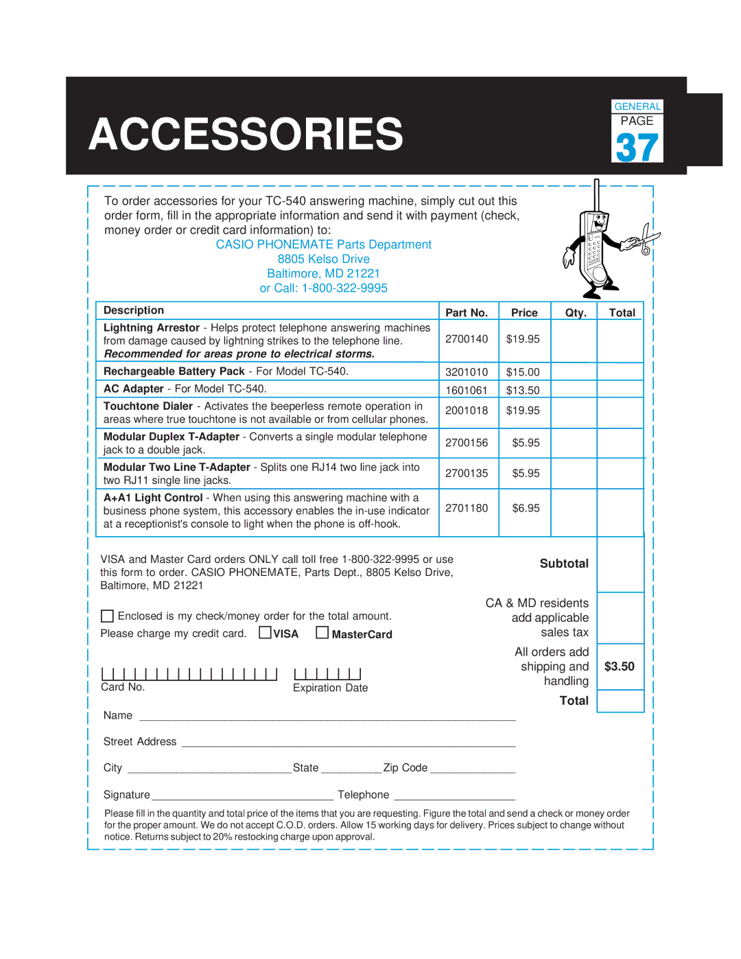 Casio TC-540 manual Accessories 