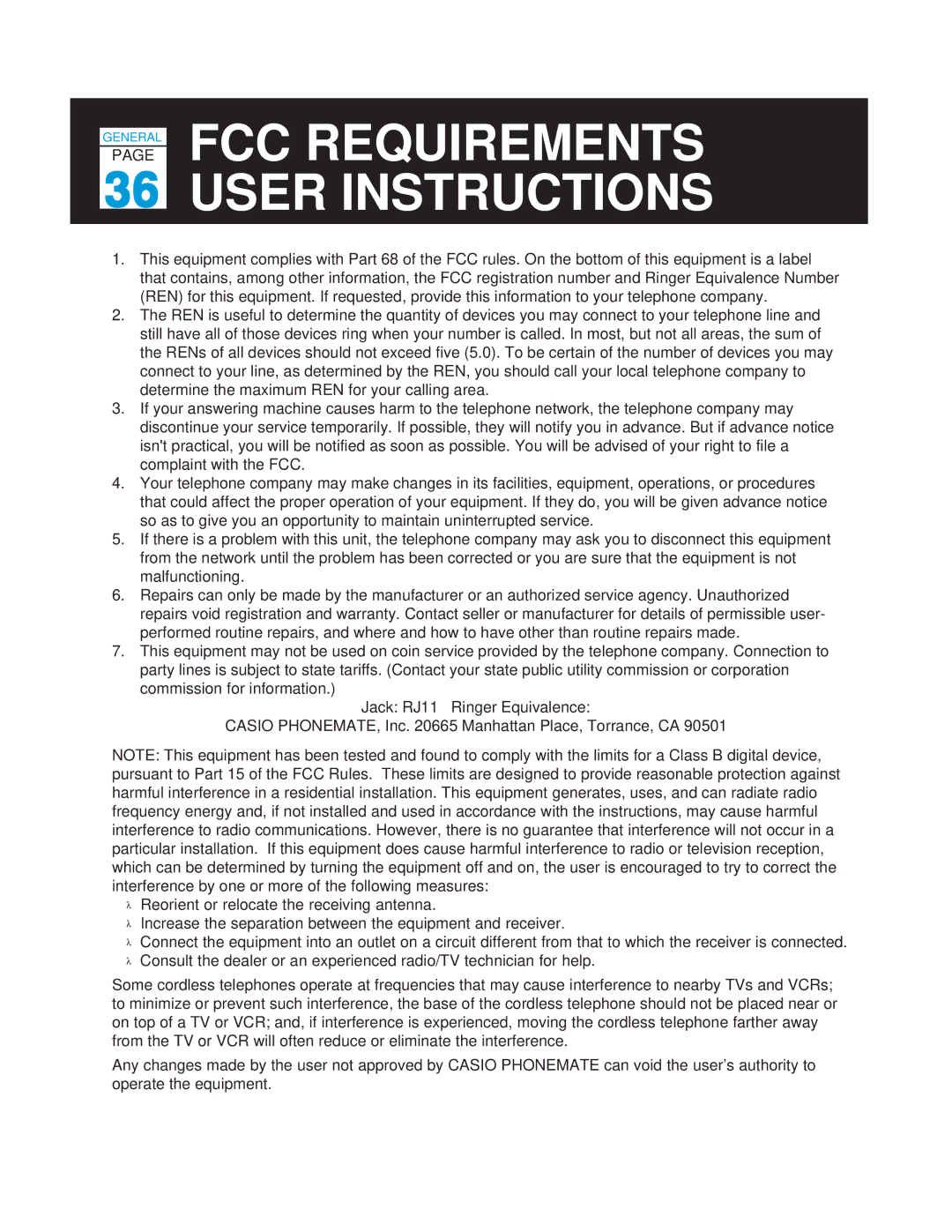 Casio TC-540 manual FCC Requirements User Instructions 