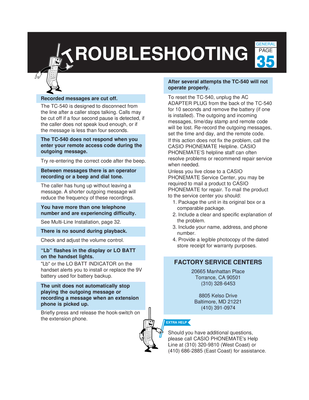 Casio TC-540 manual Roubleshooting, Try re-entering the correct code after the beep, See Multi-Line Installation 