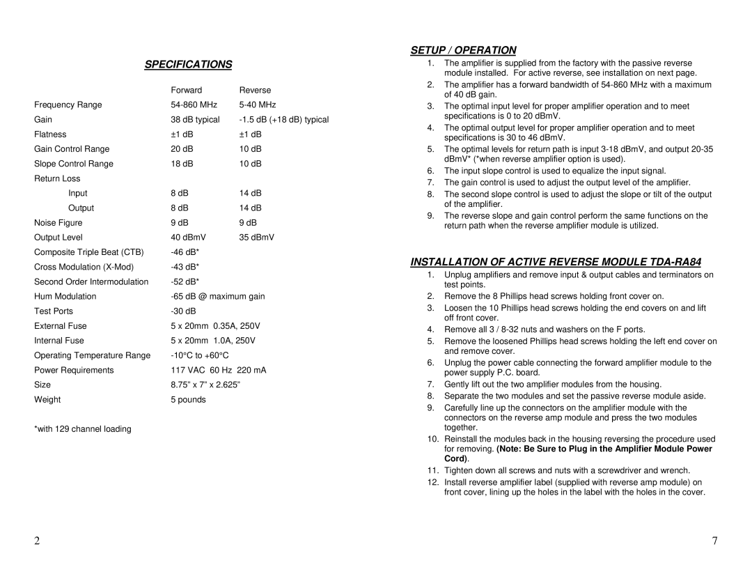 Casio TDA-40-860R40 instruction manual Specifications, Setup / Operation, Installation of Active Reverse Module TDA-RA84 