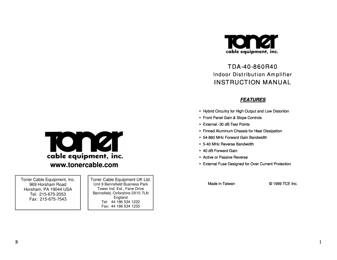 Casio TDA-40-860R40 instruction manual Features, Indoor Distribution Amplifier, Horsham, PA 19044 USA Tel Fax 