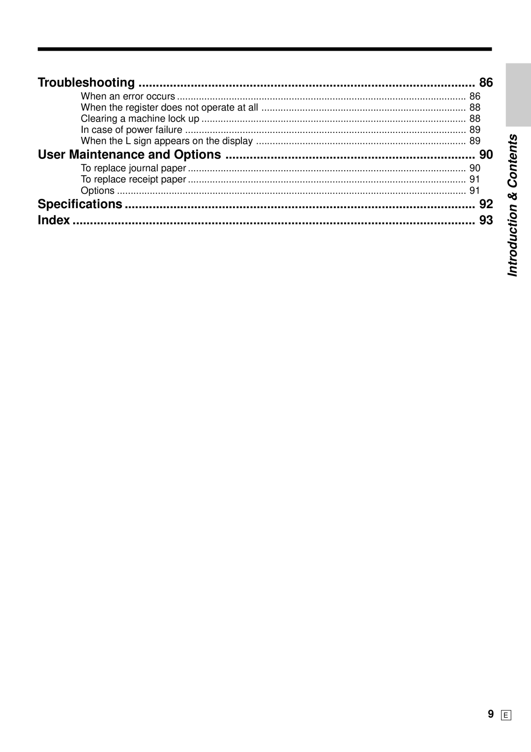 Casio TE1500 user manual Troubleshooting, Specifications Index, To replace journal paper To replace receipt paper Options 