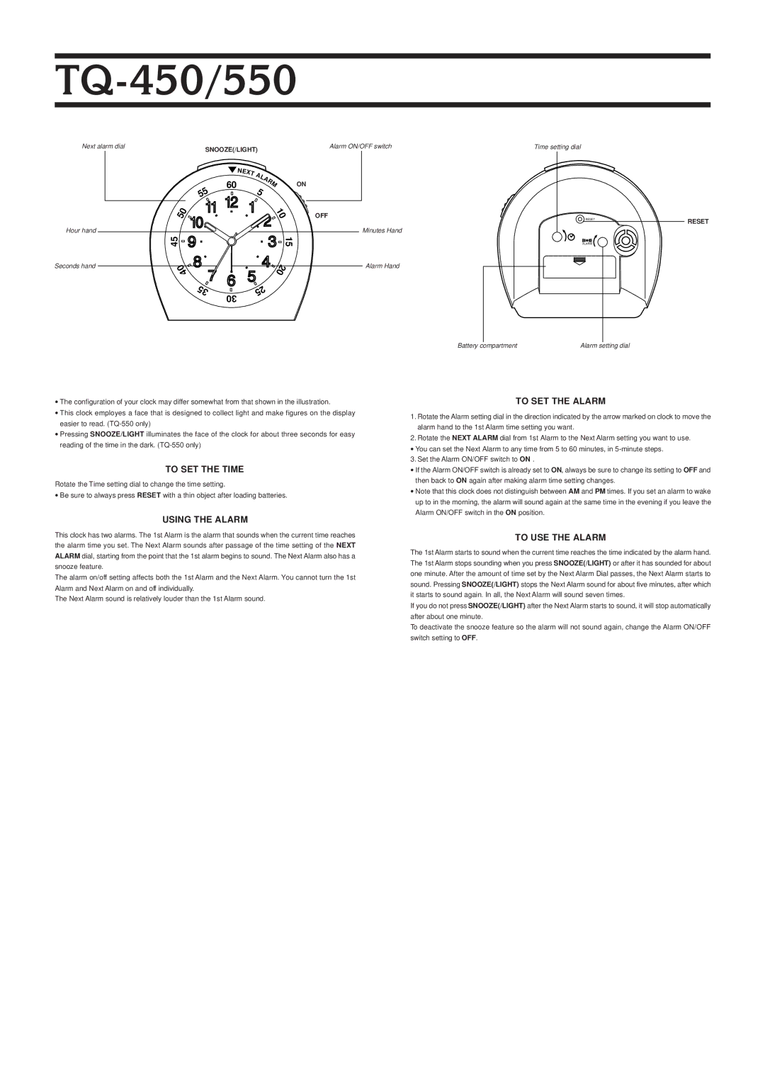 Casio TQ-550 manual TQ-450/550, To SET the Time, Using the Alarm, To SET the Alarm, To USE the Alarm 