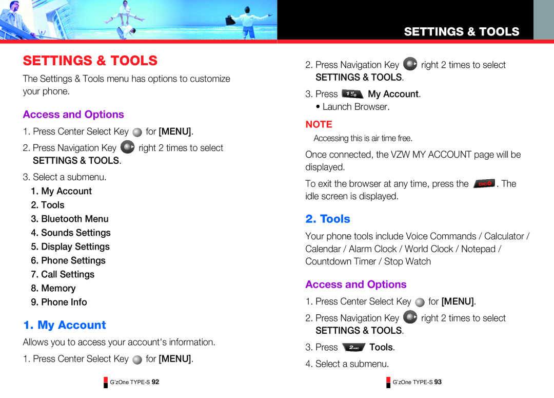 Casio TYPE-S 174 My Account, Settings & Tools menu has options to customize your phone, Press Tools Select a submenu 