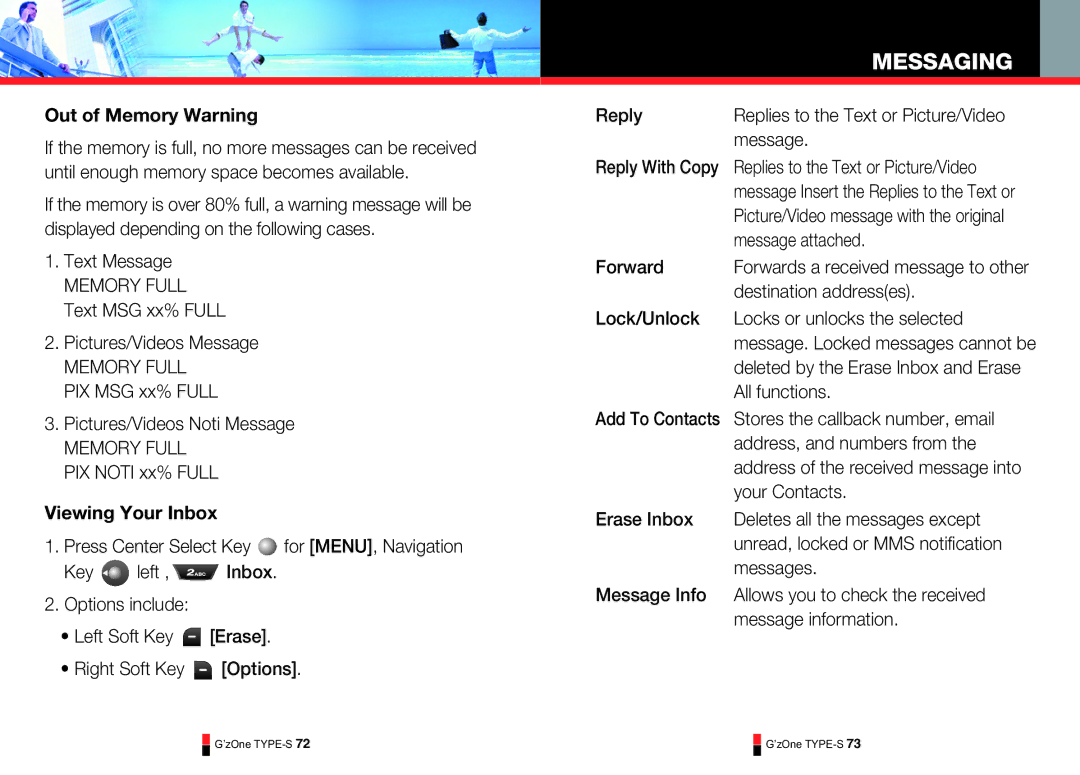 Casio TYPE-S 172 manual Out of Memory Warning, Pictures/Videos Message, Pictures/Videos Noti Message, Viewing Your Inbox 