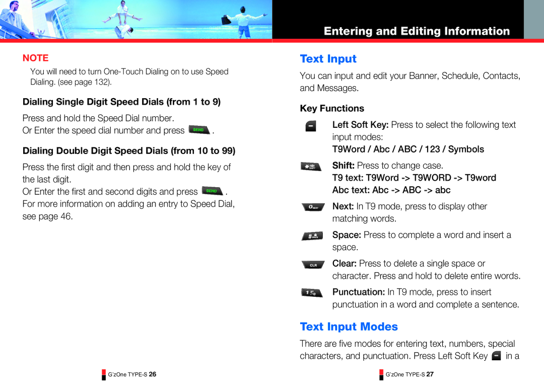 Casio TYPE-S 170, TYPE-S 179, TYPE-S 174 Text Input Modes, Dialing Single Digit Speed Dials from 1 to, Key Functions 