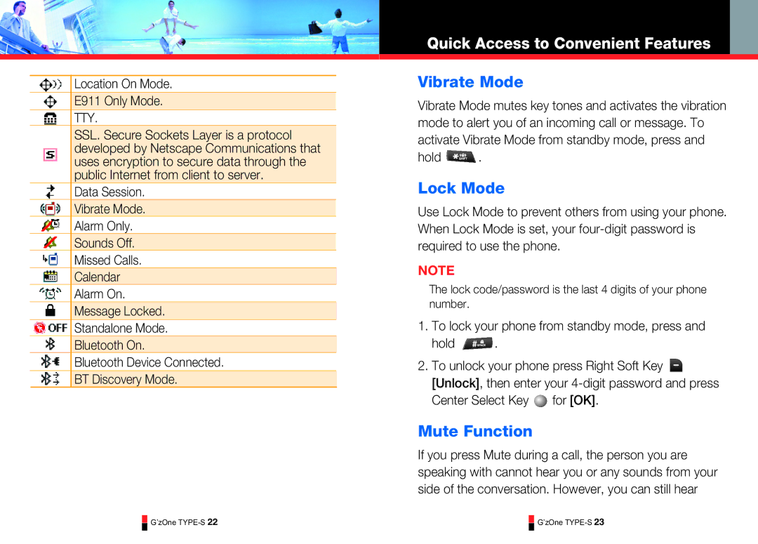 Casio TYPE-S 171, TYPE-S 179, TYPE-S 174 manual Vibrate Mode, Lock Mode, Mute Function, Location On Mode E911 Only Mode, Hold 