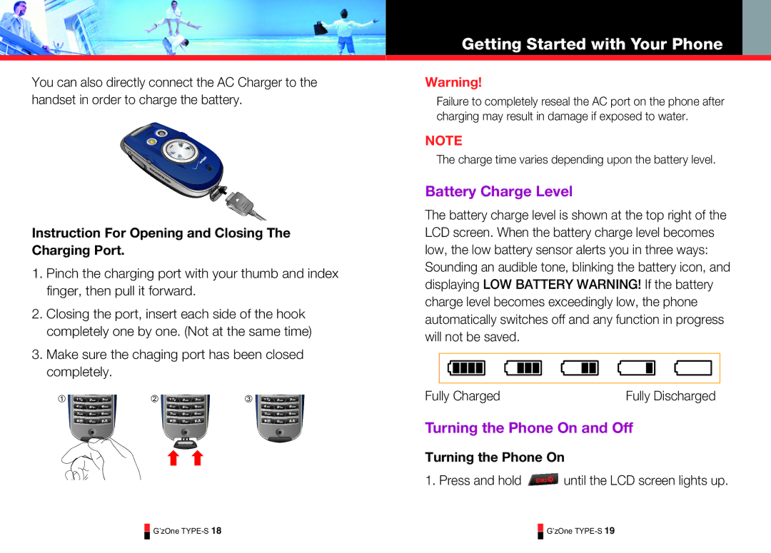 Casio TYPE-S 180 Battery Charge Level, Turning the Phone On and Off, Instruction For Opening and Closing The Charging Port 