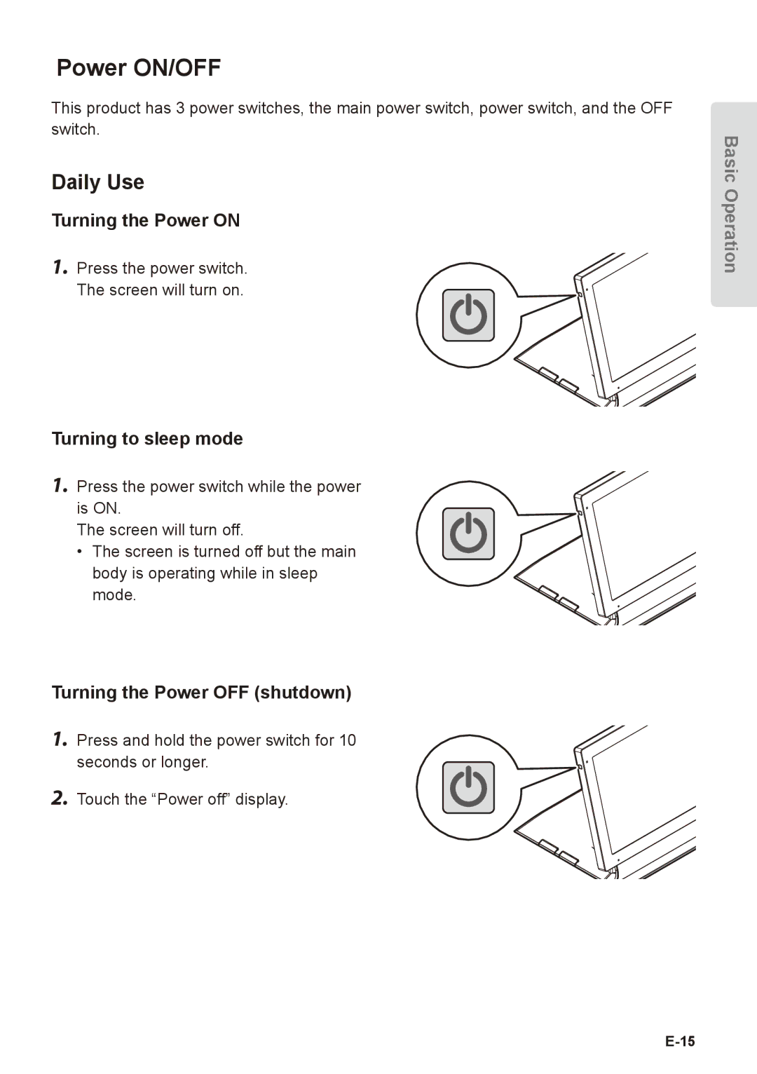 Casio V-R7100 Power ON/OFF, Daily Use, Turning the Power on, Turning to sleep mode, Turning the Power OFF shutdown 