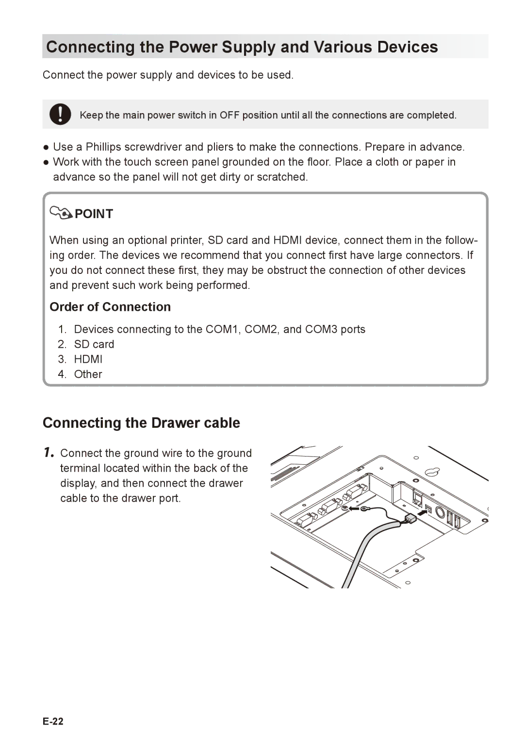 Casio V-R7000, V-R7100 Connecting the Power Supply and Various Devices, Connecting the Drawer cable, Order of Connection 