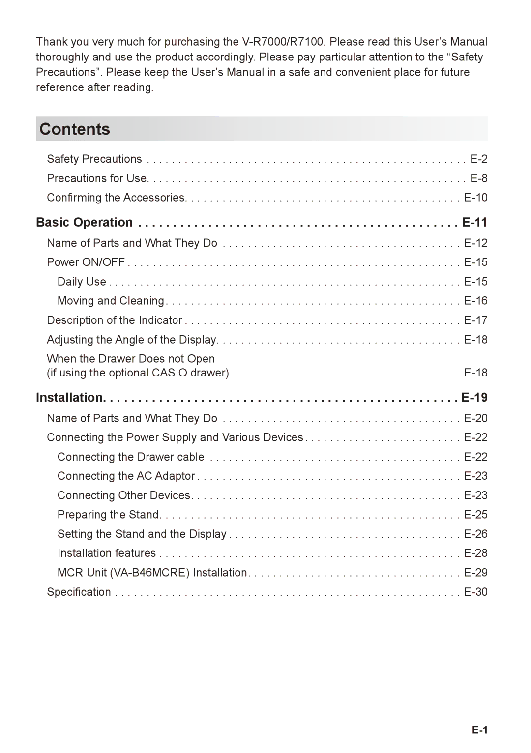 Casio V-R7100, V-R7000 user manual Contents 