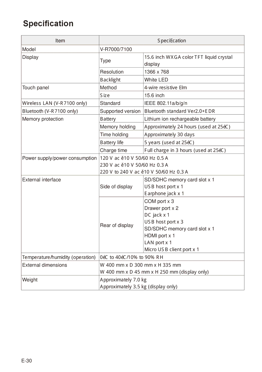 Casio V-R7000, V-R7100 user manual Specification 