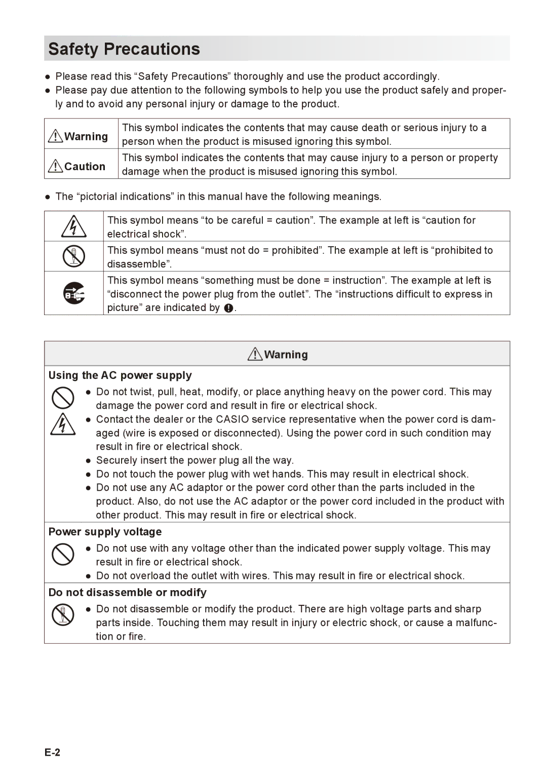 Casio V-R7000, V-R7100 user manual Safety Precautions, Using the AC power supply 