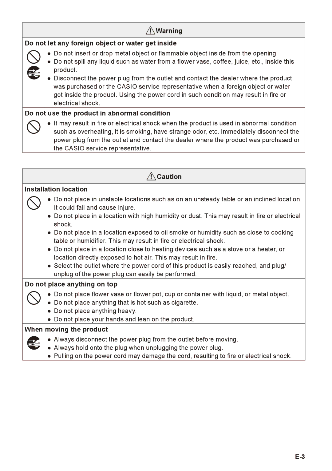 Casio V-R7100, V-R7000 user manual Do not let any foreign object or water get inside 