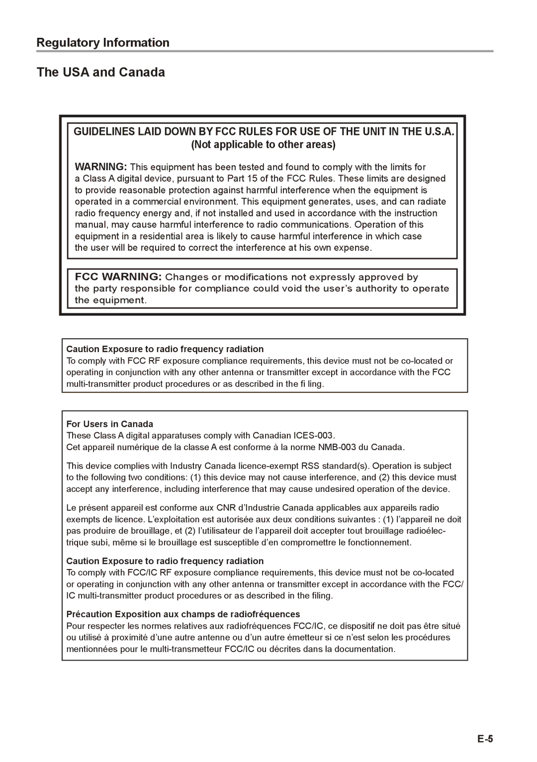 Casio V-R7100, V-R7000 user manual Regulatory Information USA and Canada, Not applicable to other areas 