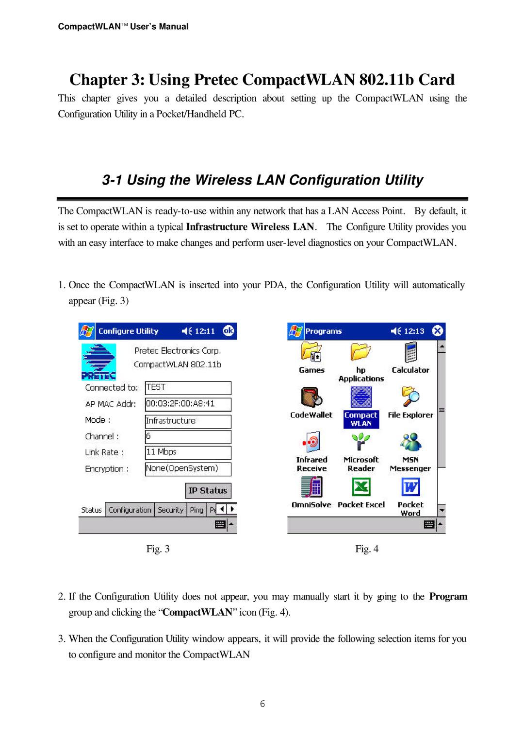 Casio Version 3.20 user manual Using Pretec CompactWLAN 802.11b Card, Using the Wireless LAN Configuration Utility 