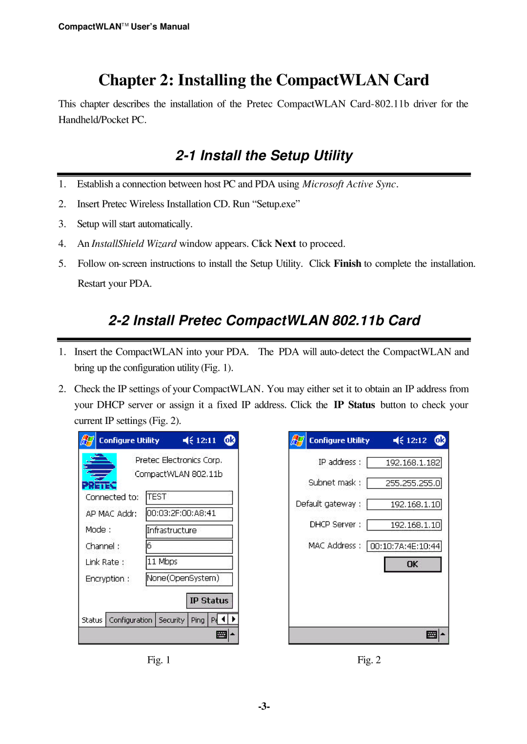 Casio Version 3.20 user manual Install the Setup Utility, Install Pretec CompactWLAN 802.11b Card 