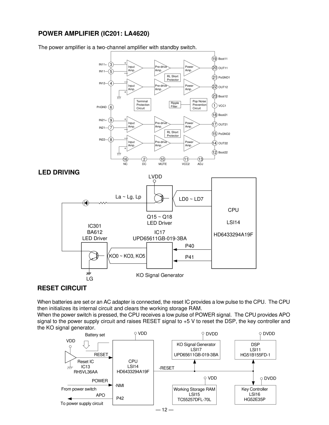 Casio WK-1500 manual Power Amplifier IC201 LA4620, LED Driving, Reset Circuit, Cpu, LSI14 