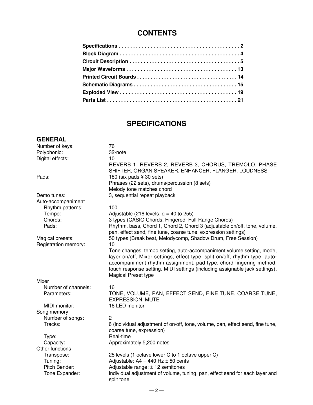 Casio WK-1500 manual Contents, Specifications 