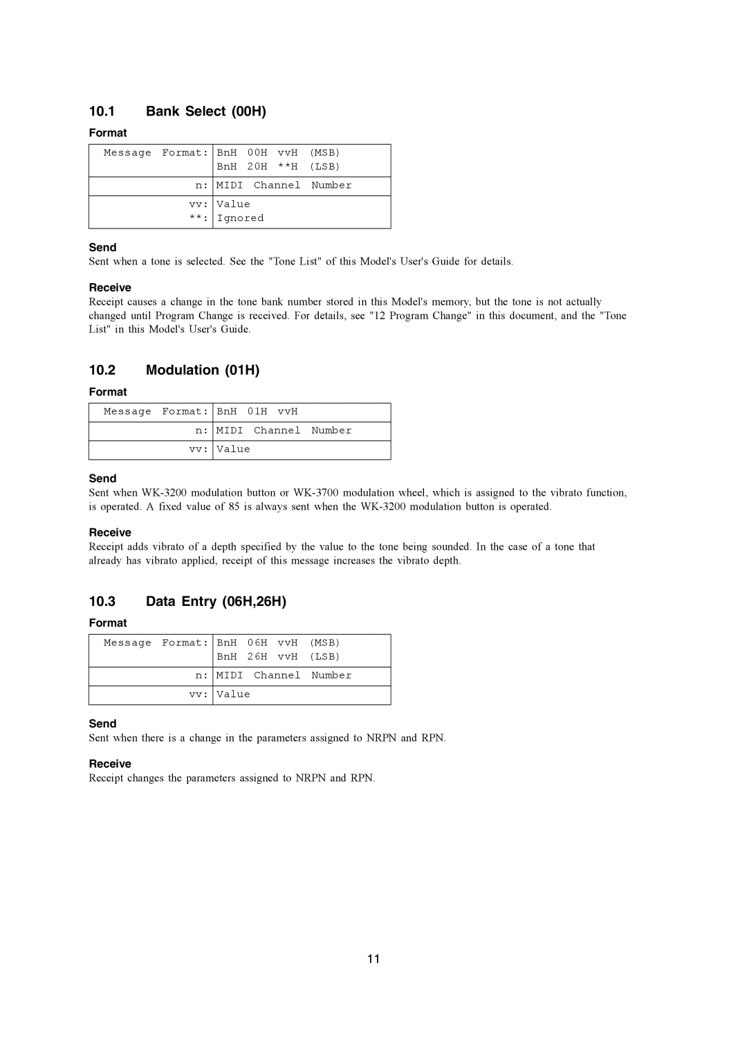 Casio WK-3700, WK-3200, CTK-900 manual Bank Select 00H, Modulation 01H, Data Entry 06H,26H 